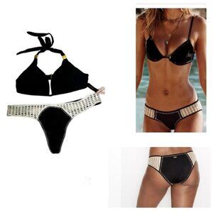 Victorias Secret NEW Crochet Thong Hipster Pads Halter Bra Gold Swim Bikini XL L